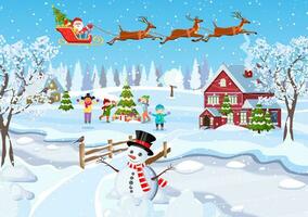 Lycklig ny år och glad jul hälsning kort. vinter- roligt. barn dekorera en jul träd. vinter- högtider. jul landskap träd gran, snögubbe. vektor illustration