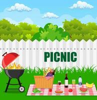 Grill Grill und Picknick Korb gefüllt mit Lebensmittel. Picknick Zeit Design. Vektor Illustration im eben Stil