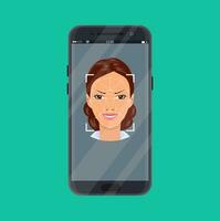 Gesicht Anerkennung , biometrisch Sicherheit System Konzept. Gesicht Ausweis, Handy, Mobiltelefon App. Telefon mit biometrisch Identifizierung Frau Gesicht auf das Bildschirm. Vektor Illustration im eben Stil