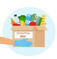mat donation till människor. humanitär hjälpa Ansökan. välgörenhet volontär- innehav en donation låda med mat. begrepp av volontär och välgörenhet. vektor illustration i platt stil.