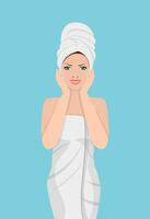 kvinna med en handduk på henne huvud rörande henne ansikte efter skönhet mask. spa skönhet och hälsa begrepp. hud vård . avslappning vektor illustration i platt stil