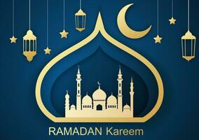 ramadan kareem hälsning kort, design med 3d papper skära symboler av ramadan mubarak, hängande guld lyktor, arabicum lampor, stjärna, papper konst vektor och illustration