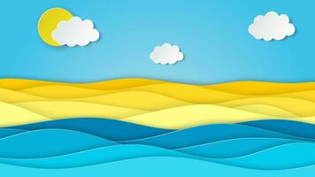 hav landskap med strand, vågor, moln. papper skära ut digital hantverk stil. abstrakt blå hav och strand sommar bakgrund med papper vågor och havskust. vektor illustration