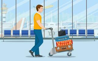Mann mit Gepäck Wagen im Flughafen. Reise Konzept. Vektor Illustration im eben Stil