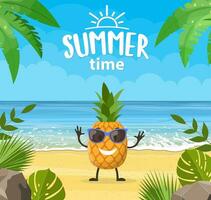 komisch Sommer- Banner mit Obst Figuren. tropisch Strand. Sommer- Landschaft. Karikatur Ananas Zeichen tropisch Strand. Vektor Illustration im eben Stil