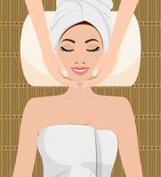 schön Frau nehmen Gesichts- Massage Behandlung im das Spa Salon. Spa Schönheit und Gesundheit Konzept. Haut Pflege . Entspannung Vektor Illustration im eben Stil