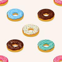 Donuts nahtlos isometrisch Muster. süß Süss Essen Baby Hintergrund. bunt Design zum Textil, Hintergrund, Stoff, Dekor. Vorlage zum Design. Vektor Illustration im eben Stil