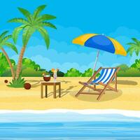 Landschaft von hölzern Chaise Salon, Palme Baum auf Strand. Regenschirm Tag im tropisch Ort. Vektor Illustration im eben Stil