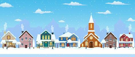 Lycklig ny år och glad jul vinter- gammal stad gata. jul stad stad sömlös gräns panorama. vektor illustration i platt stil