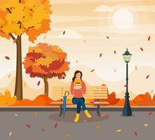 glücklich Mädchen Sitzung auf ein Bank mit ein Tasse von Kaffee, unter ein Baum mit fallen Blätter im ein Park. schön Herbst Stadt Park mit Bank. Vektor Illustration im eben Stil