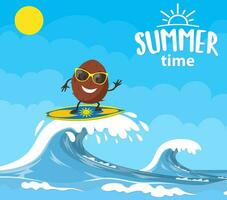 kokos tecken surfing på Vinka. högtider på de hav. strand aktiviteter. sommar tid. vektor illustration i platt stil