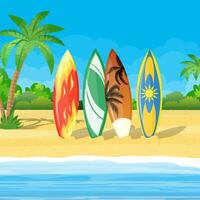 Strand Landschaft mit Surfen Bretter Szene. einstellen von Surfbretter auf ein auf tropisch Hintergrund. Vektor Illustration im eben Stil