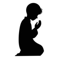 ein Silhouetten von feierlich Muslim Junge erziehen ihr Hände im Gebet, kniend und Verbeugung, Vektor Illustration