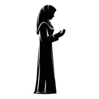 ein Silhouetten von feierlich Muslim Frau erziehen ihr Hände im Gebet, kniend und Verbeugung, Vektor Illustration