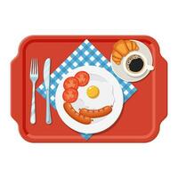 plast bricka. frukost begrepp. aptitlig utsökt frukost av kaffe, friterad ägg med korv, croissant. vektor illustration i platt stil