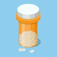 plast flaska av piller i isometrisk se isolerat på vit bakgrund, läsplatta piller medicinsk läkemedel apotek vård och läsplatta piller antibiotikum farmaceutisk. vektor illustration i platt stil