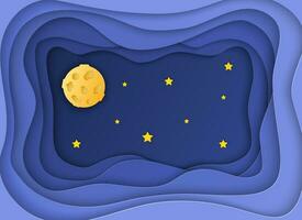 papper konst måne, fluffig moln och stjärnor i midnatt. papper skära och hantverk stil. vektor, illustration. 3d abstrakt bakgrund. papper skära former. vektor
