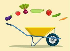 Garten Wagen mit Aubergine, Tomate, Rote Beete, Zucchini, Pfeffer, Gurke, Karotte. natürlich und lecker Lebensmittel. organisch Bauernhof Produkte. Metall Schubkarre und Gemüse. Vektor Illustration im eben Stil