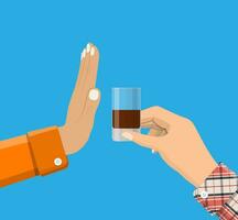 Alkohol Missbrauch Konzept. Hand gibt Glas von Whiskey zu andere Hand. halt Alkoholismus. Ablehnung. Vektor Illustration im eben Stil