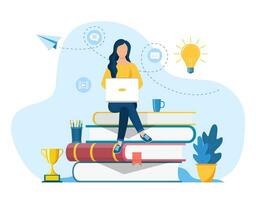 Mädchen Sitzung auf Stapel von Bücher. Konzept Illustration von online Kurse, Entfernung studieren, selbst Ausbildung, Digital Bibliothek. E-Learning Banner. online Bildung. Vektor Illustration im eben Stil