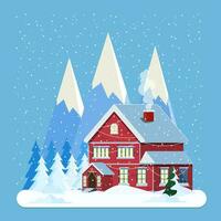 dekoriert Gebäude zum Neu Jahr Vorabend, Zuhause mit Beleuchtung und mit Tanne Baum bereit zum Weihnachten Feier. Neu Jahr und Weihnachten Feier. Vektor Illustration eben Stil