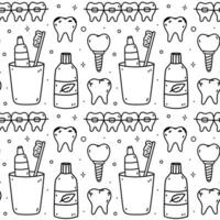 sömlös mönster med dental objekt - munvatten, tandborste, tandkräm, tänder, implantat, tandställning. oral hygien. vektor ritad för hand klotter illustration. perfekt för skriva ut, tapet, dekorationer.