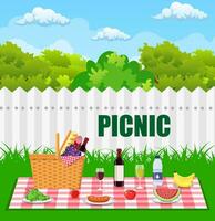 Grill Grill und Picknick Korb gefüllt mit Lebensmittel. Picknick Zeit Design. Vektor Illustration im eben Stil