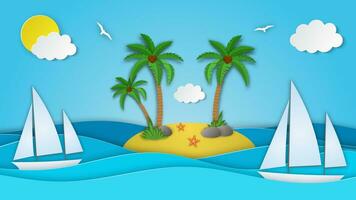 Segelboot im das Meer. Sonne, Wolken. Papier Schnitt Illustration zum Werbung, reisen, Tourismus, Kreuzfahrten, Reise Agentur. Insel mit Palme und Kokosnuss. Vektor Illustration