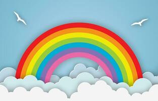 Wolke und Regenbogen im das Blau Himmel mit Papier Kunst Stil das Konzept ist Sommer- Jahreszeit. Hintergrund zum Kinder Schlafzimmer, Baby Zimmer Dekor. Vektor Illustration