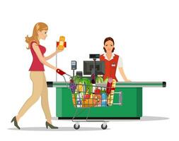 Menschen Einkaufen im Supermarkt. Frau Kassierer im Supermarkt. Kasse registrieren, Kassierer und Käufer mit Wagen. Vektor Illustration im eben Stil