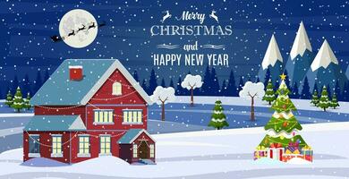 Santa claus fliegt Über das Haus im das Schnee. Weihnachten Gruß Karte oder Poster. fröhlich Weihnachten Urlaub. Neu Jahr und Weihnachten Feier. Vektor Illustration im eben Stil