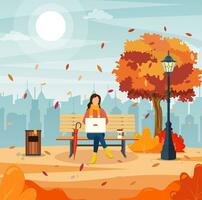 schön Herbst Stadt Park mit Bank und Stadt, Dorf Gebäude Hintergrund. Frau mit Laptop Sitzung auf Bank im Herbst. freiberuflich, Fernbedienung Arbeit Konzept. Vektor Illustration im eben Stil.