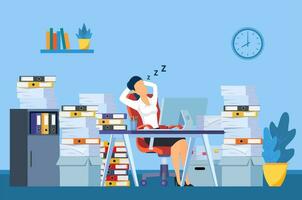affärskvinna är sovande på hans arbetsplats skrivbord under arbetssätt timmar med de pålar av papper dokumentera runt om. förhalar och slöseri tid begrepp. vektor illustration i platt stil