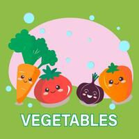 Gemüse Vektor Illustration. süß Karikatur Zeichen Karotte, Zwiebel, Tomate. Vegetarier Konzept.