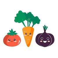 morot, tomat och lök. söt söt vegetabiliska tecken. vektor illustration