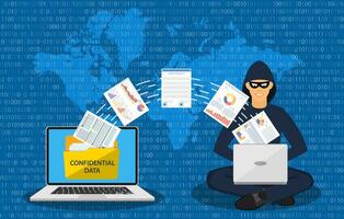 Daten Phishing, Hacker Angriff.Dieb Hacker im Maske stehlen persönlich Information von Laptop. Konzept hacken. Vektor Illustration im eben Stil
