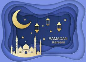 Ramadan kareem Gruß Karte, Design mit 3d Papier Schnitt Symbole von Ramadan Mubarak, hängend Gold Laternen, Arabisch Lampen, Moschee, Stern, Papier Kunst Vektor und Illustration