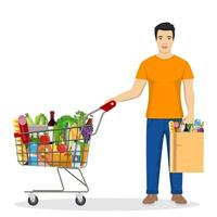 Mann Einkaufen im Supermarkt. Einkaufen Wagen. Mann halt Lebensmittelgeschäft Papier Einkaufen Tasche mit Lebensmittel. Vektor Illustration im eben Stil