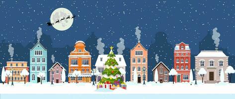 glücklich Neu Jahr und fröhlich Weihnachten Winter alt Stadt, Dorf Straße. Weihnachten Stadt, Dorf Stadt Panorama. Santa claus mit Hirsche im Himmel über das Stadt. Vektor Illustration im eben Stil