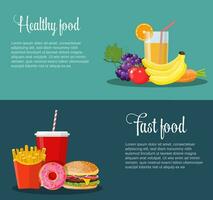friska och ohälsosam mat banderoller. vektor