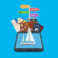 online Urlaub Reise Handy, Mobiltelefon App Konzept. geeignet zum Hintergrund, Banner, Hintergrund, Wegweiser Urlaub, reisen, Reise, Feiertage. Vektor Illustration im eben Stil