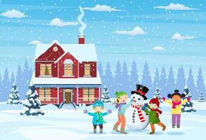 Lycklig ny år och glad jul hälsning kort. jul landskap.barn byggnad snögubbe. vinter- högtider. vektor illustration i platt stil