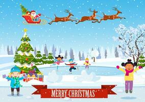 Lycklig ny år och glad jul landskap kort design med jul träd. vinter- scen med skridskoåkning barn. barn pojke och flicka på de vinter- skridskoåkning rink. vektor illustration