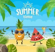 komisch Sommer- Banner mit Obst Figuren. tropisch Strand. Sommer- Landschaft. Karikatur Ananas und Wassermelone Zeichen tropisch Strand. Vektor Illustration im eben Stil