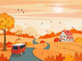 Herbst fallen Karikatur Landschaft mit ein Auto auf das Straße Hintergrund. Bäume und Hügel auf das schmucklos. Vektor Illustration im eben Stil.