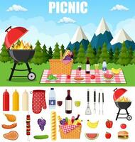 Sommer- Picknick im das Berge. sich ausruhen und Wochenende Konzept. Tischdecke, Korb mit Essen, Früchte, Grill amd Fleisch isoliert auf Weiß Hintergrund. Vektor Illustration im eben Stil