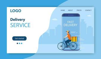 uppkopplad leverans service begrepp, leverans Hem och kontor. cykel kurir. leverans man ridning en cykel ut av de telefon. landning sida begrepp. vektor illustration i platt stil