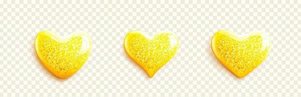 uppsättning av glansig gyllene 3d hjärta ikoner med glitter. gul realistisk hjärtan. kärlek symbol för hälsning kort, banderoller för hjärtans dag. vektor illustration