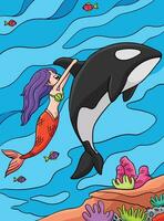 Meerjungfrau und ein Delfin farbig Karikatur Illustration vektor