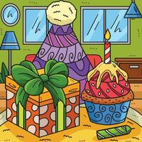 födelsedag cupcake, fest hatt, och gåva färgad vektor